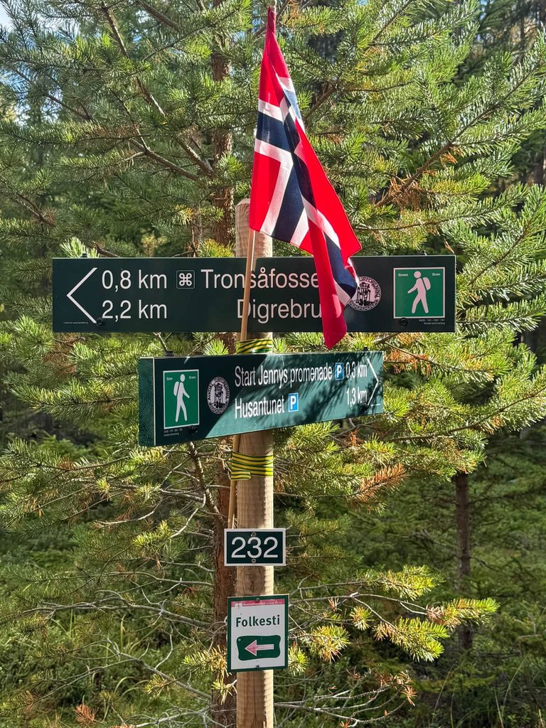 Skilt ved en stikrysning viser vei til Tronsåfossen, Digrebrua og start på Jennys promenade, med norsk flagg.